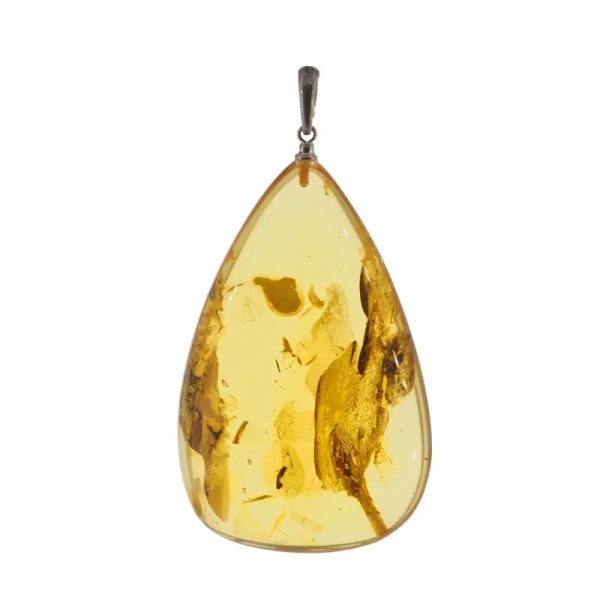 Bursztyn przezroczysty, szczątki roślinne i srebro oksydowane - zawieszka trójkąt