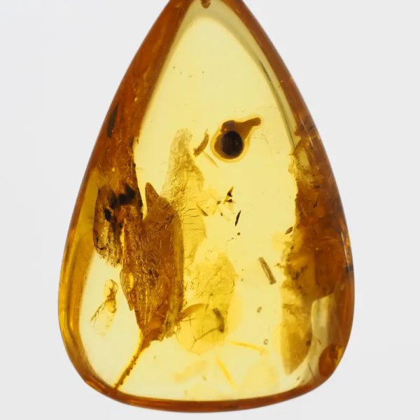 Bursztyn przezroczysty, szczątki roślinne i srebro oksydowane - zawieszka trójkąt