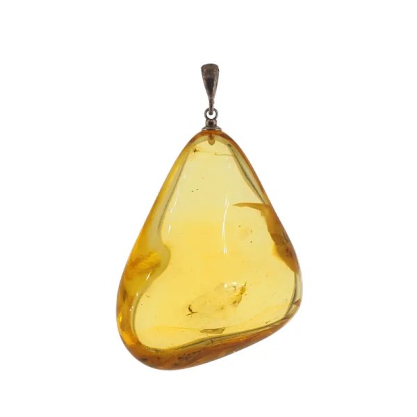 Bursztyn przezroczysty, szczątki roślinne i srebro oksydowane - zawieszka trójkąt