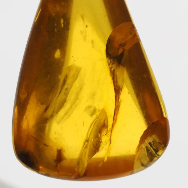 Bursztyn przezroczysty, szczątki roślinne i srebro oksydowane - zawieszka trójkąt