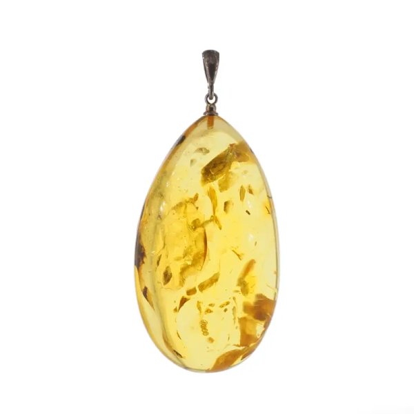Bursztyn przezroczysty, szczątki roślinne i srebro oksydowane - zawieszka