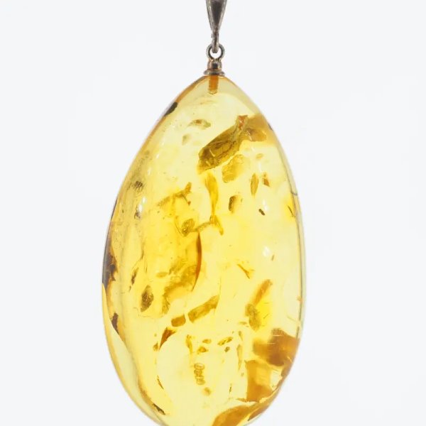Bursztyn przezroczysty, szczątki roślinne i srebro oksydowane - zawieszka