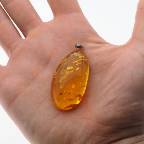 Bursztyn przezroczysty, szczątki roślinne i srebro oksydowane - zawieszka