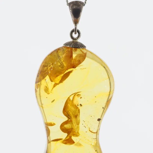 Bursztyn przezroczysty, szczątki roślinne i srebro oksydowane - zawieszka