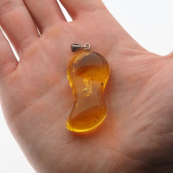 Bursztyn przezroczysty, szczątki roślinne i srebro oksydowane - zawieszka