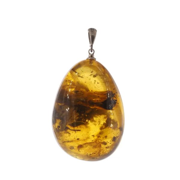 Bursztyn przezroczysty, szczątki roślinne i srebro oksydowane - zawieszka