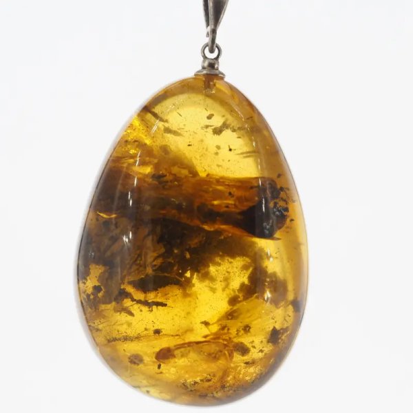 Bursztyn przezroczysty, szczątki roślinne i srebro oksydowane - zawieszka