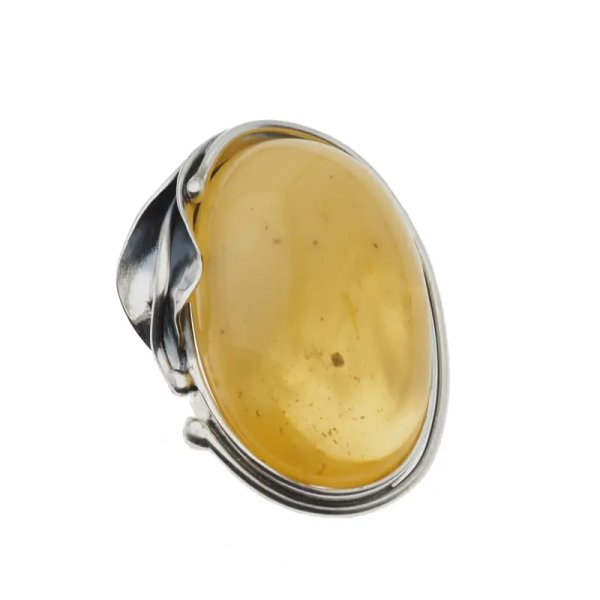 Mleczno-przezroczysty bursztyn i srebro oksydowane - broszka