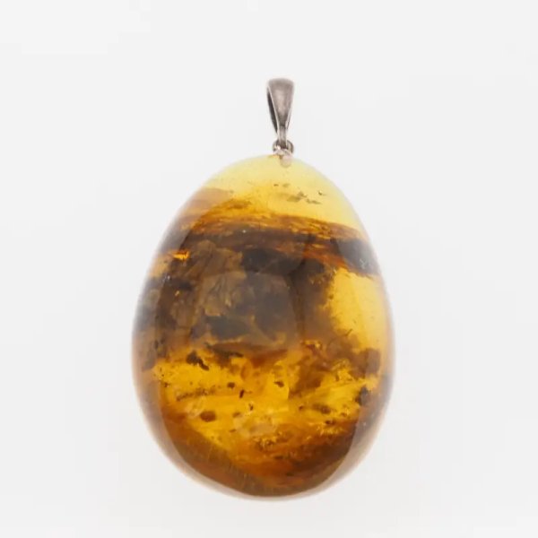 Bursztyn przezroczysty, szczątki roślinne i srebro oksydowane - zawieszka