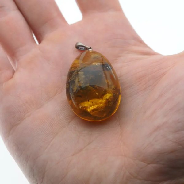 Bursztyn przezroczysty, szczątki roślinne i srebro oksydowane - zawieszka