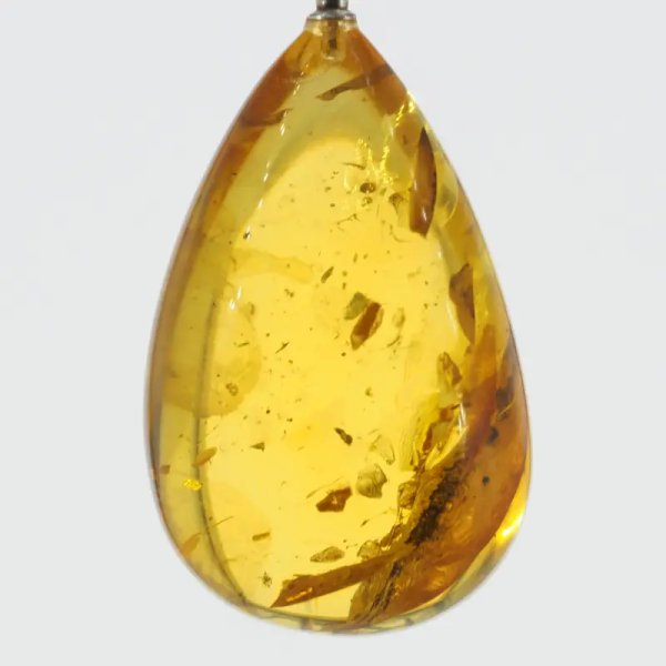 Bursztyn przezroczysty, szczątki roślinne i srebro oksydowane - zawieszka łza
