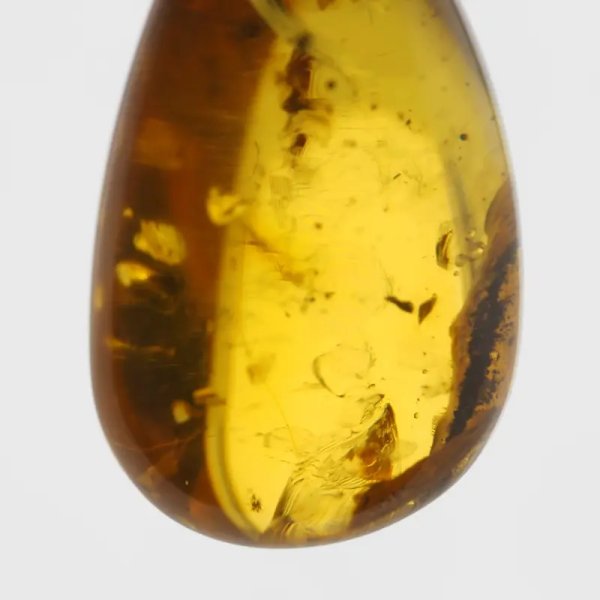 Bursztyn przezroczysty, szczątki roślinne i srebro oksydowane - zawieszka łza