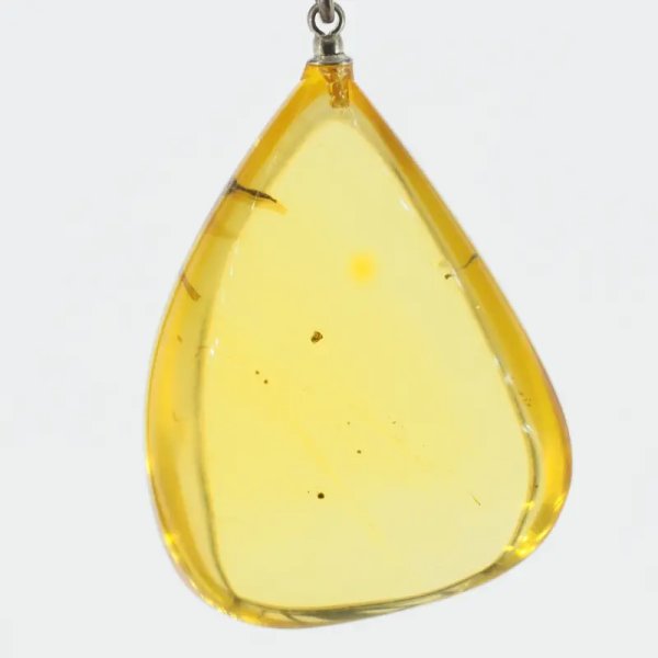 Bursztyn przezroczysty, szczątki organiczne i srebro oksydowane - zawieszka łza