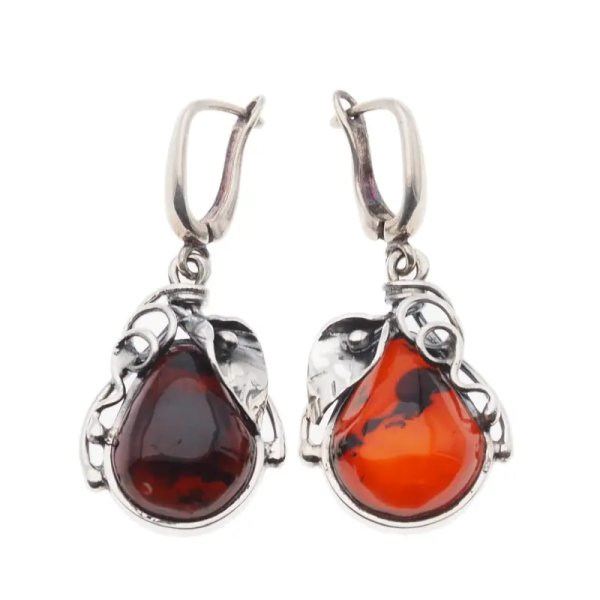 Koniakowy Bursztyn w srebrze - kolczyki łzy