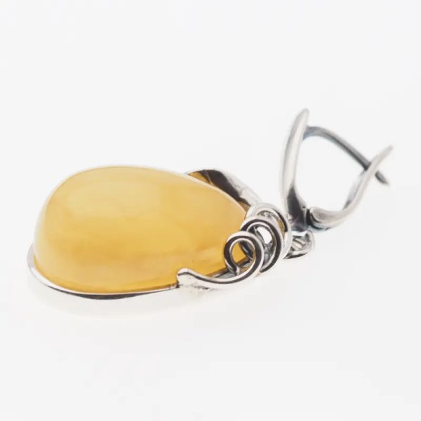 Mleczny Bursztyn w srebrze oksydowanym - kolczyki łzy z liśćmi