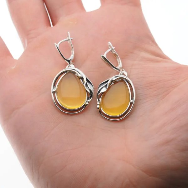 Przezroczysty Bursztyn w srebrze oksydowanym - kolczyki łzy z liśćmi