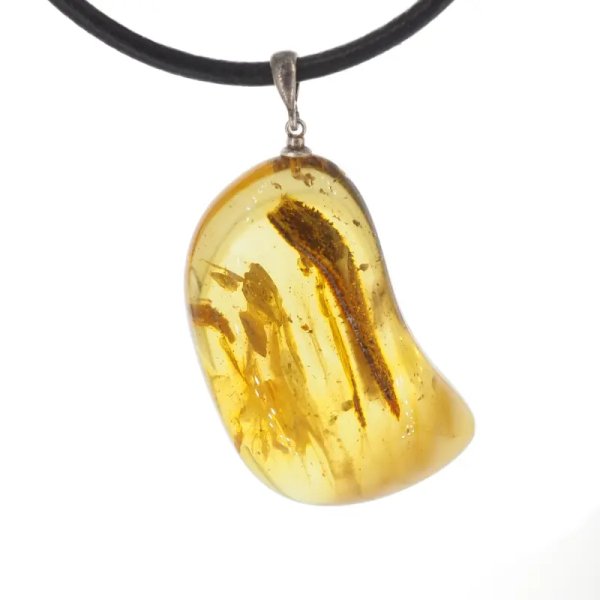 Bursztyn ze szczątkami organicznymi i srebro oksydowane - naszyjnik na rzemieniu