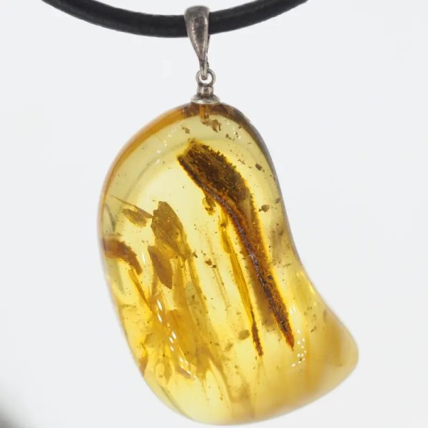 Bursztyn ze szczątkami organicznymi i srebro oksydowane - naszyjnik na rzemieniu