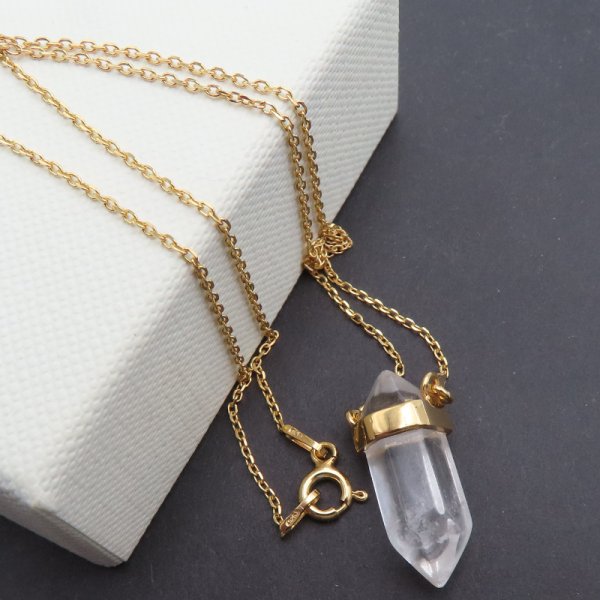 Naszyjnik -  sopel Kryształ Górski w okuciu na łańcuszku - srebro złocone