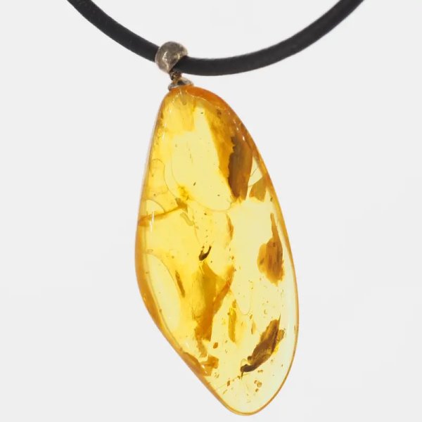 Bursztyn przezroczysty ze szczątkami roślinnymi i srebro oksydowane - naszyjnik na rzemieniu