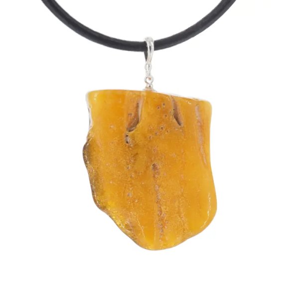 Naturalny, surowy Bursztyn mleczny, częściowo polerowany i srebro - naszyjnik na rzemieniu