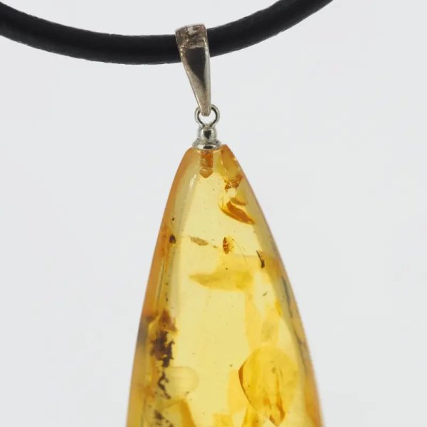 Szczątki organiczne w transparentnym bursztynie i srebro - naszyjnik na rzemieniu