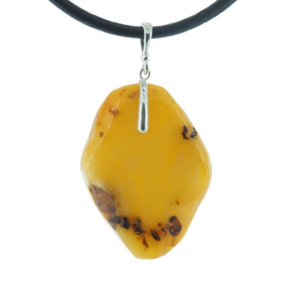 Naturalny Bursztyn mleczny i srebro - naszyjnik na rzemieniu