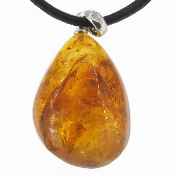 Szczątki roślinne w transparentnym bursztynie i srebro - naszyjnik na rzemieniu