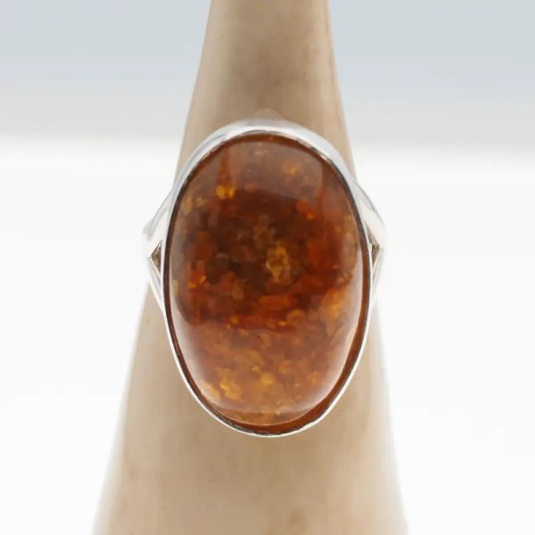 Koniakowy Bursztyn i srebro - pierścionek owal