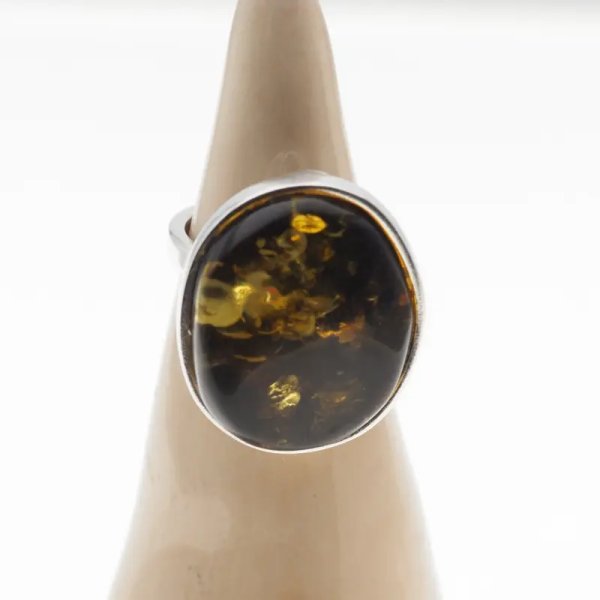 Zielony Bursztyn i srebro - pierścionek z regulacją