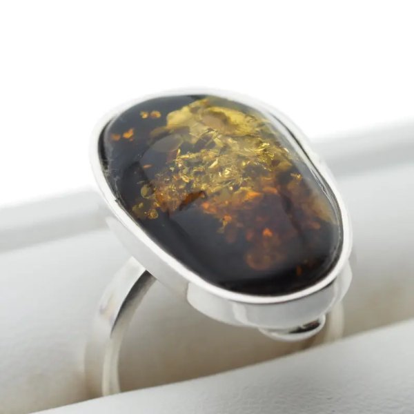 Zielony Bursztyn i srebro - pierścionek z regulacją