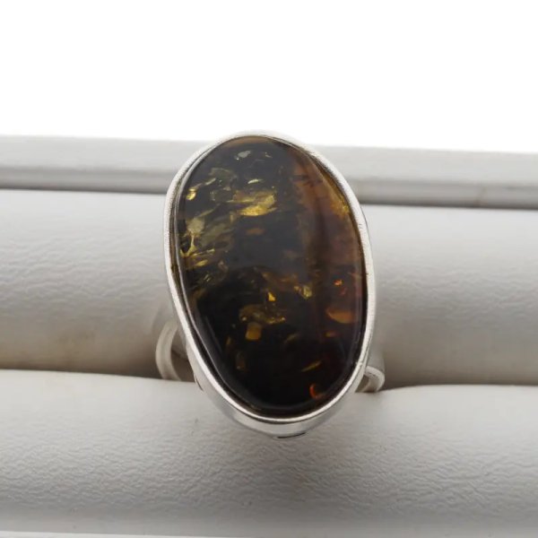 Zielony Bursztyn i srebro - pierścionek z regulacją