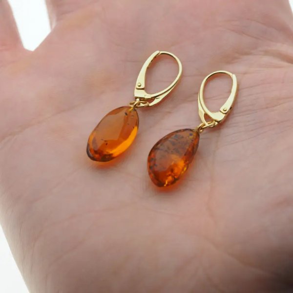 Bursztyn koniakowy i srebro złocone - kolczyki (para)