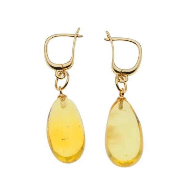 Bursztyn przezroczysty i srebro złocone - kolczyki łzy