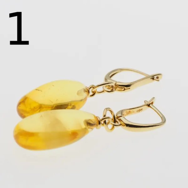 Bursztyn przezroczysty i srebro złocone - kolczyki łzy
