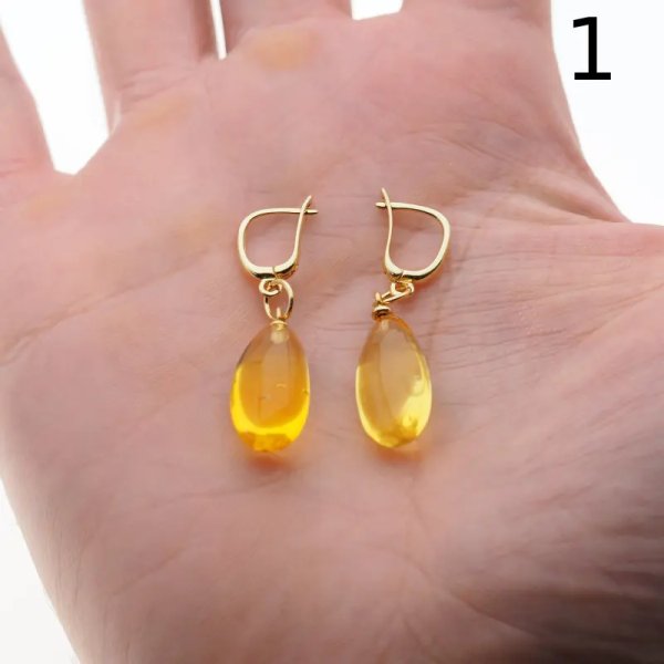 Bursztyn przezroczysty i srebro złocone - kolczyki łzy