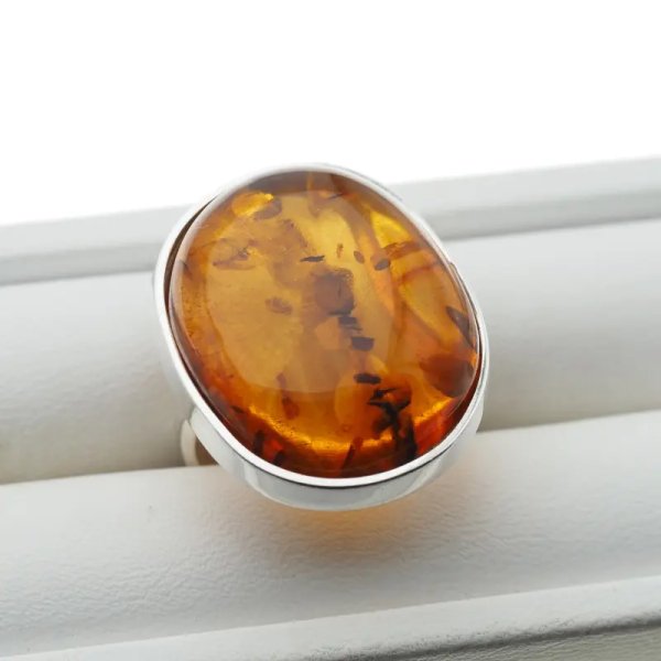 Koniakowy Bursztyn i srebro - pierścionek owal