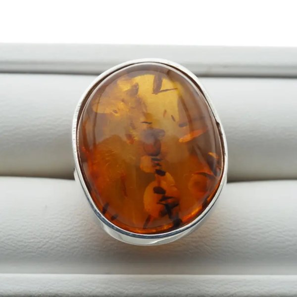 Koniakowy Bursztyn i srebro - pierścionek owal