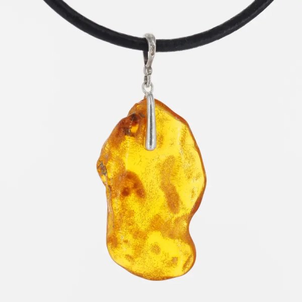 Naturalny Bursztyn i srebro - naszyjnik na rzemieniu