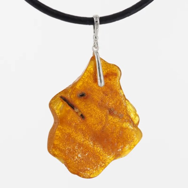 Surowy Naturalny Bursztyn i srebro - naszyjnik na rzemieniu (40-60 cm)