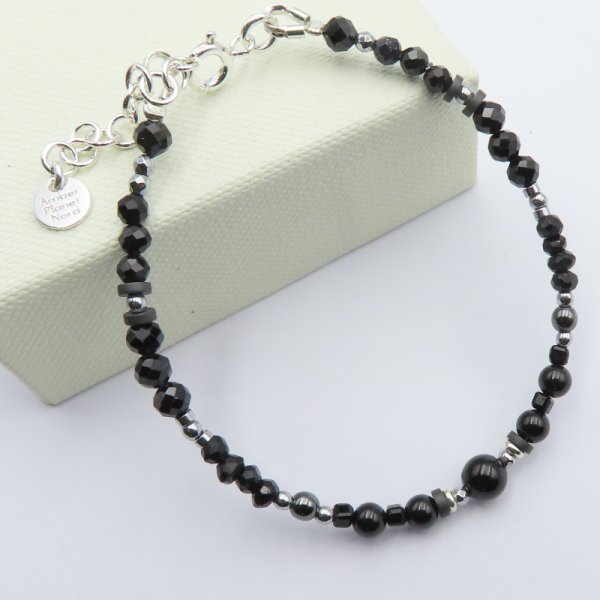 Turmalin czarny, spinel, hematyt i srebro - bransoletka 