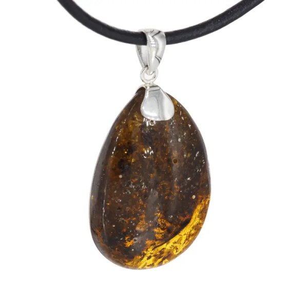 Bursztyn koniakowy łza z łuskami i srebro - naszyjnik na rzemieniu