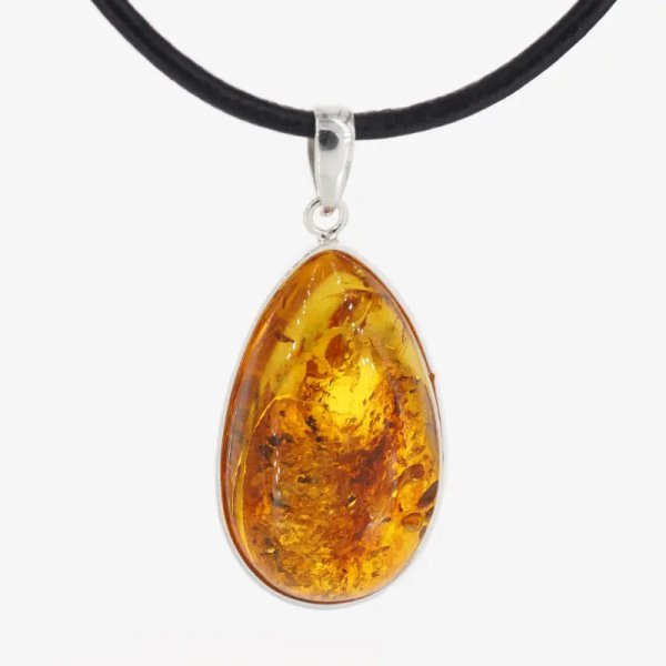 Bursztyn przezroczysty z łuskami i srebro - wisiorek łza