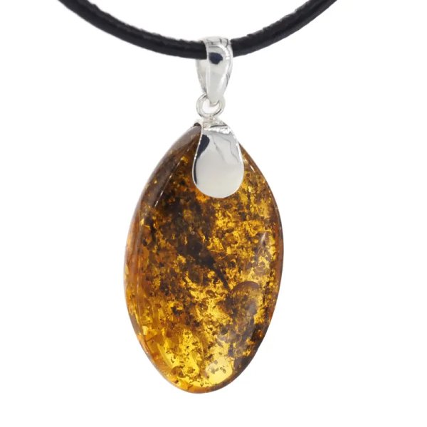 Bursztyn zielony/koniakowy z łuskami i srebro - naszyjnik na rzemieniu