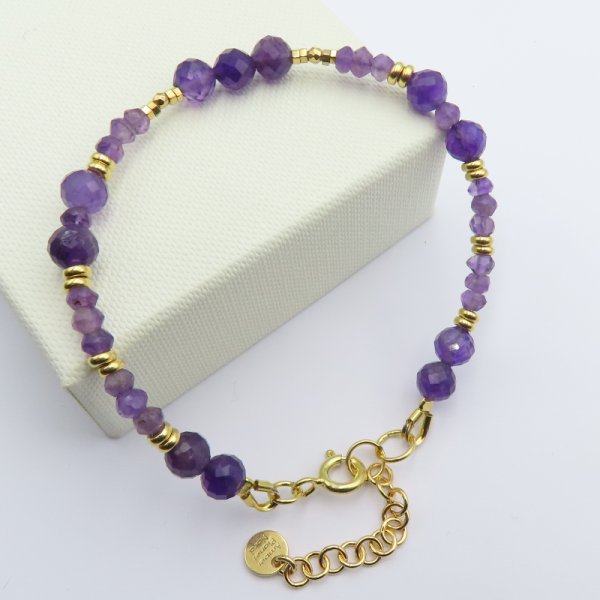 Ametyst, hematyt i srebro złocone  - bransoletka 18,5 cm + 3,5 cm regulacja