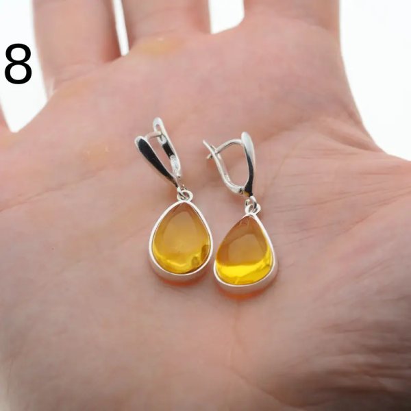 Bursztyn transparentny w srebrze - kolczyki łzy