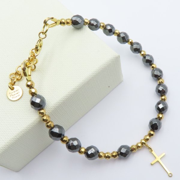 Hematyt i srebro złocone  - bransoletka różaniec 18,5 cm + 3,5 cm regulacja