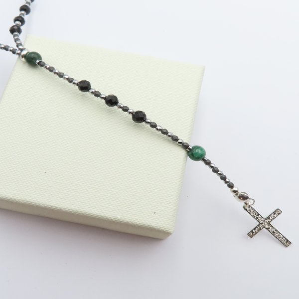 Turmalin, Malachit, Hematyt i srebro - naszyjnik różaniec