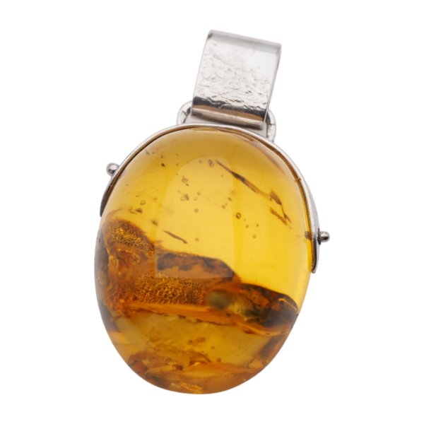 Bursztyn z inkluzją i młotkowane srebro oksydowane - zawieszka z rzemieniem