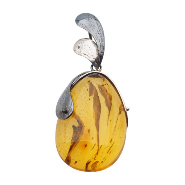 Bursztyn z inkluzją roślinną i młotkowane srebro oksydowane - naszyjnik na rzemieniu